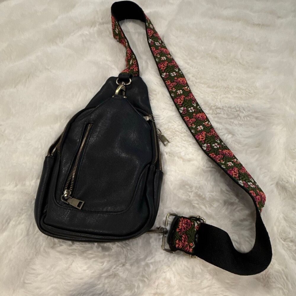 Antik Kraft black leather Crossbody bag with embroidered strap, Free People vibe